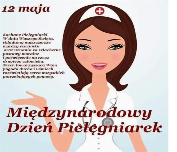 Życzenia z okazji Dnia Międzynarodowego Pielęgniarki. W tle rysunek pielęgniarki.