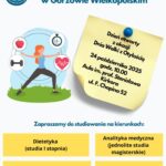 Plakat promujący dzień otwarty Wydziału Nauk o Zdrowiu Akademii im. Jakuba z Paradyża w Gorzowie Wielkopolskim. Informuje o wydarzeniu z okazji Dnia Walki z Otyłością, które odbędzie się 24 października 2025 roku o godzinie 10:00 w auli przy ul. F. Chopina 52. Na dole widnieje lista kierunków: dietetyka, analityka medyczna, ratownictwo medyczne i pielęgniarstwo.