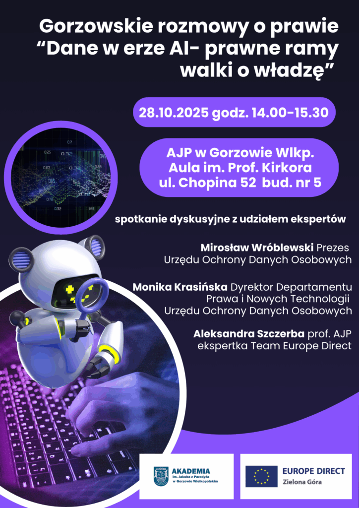 Plakat informacyjny o spotkaniu dyskusyjnym. W tle robot oraz klawiatura komputerowa.